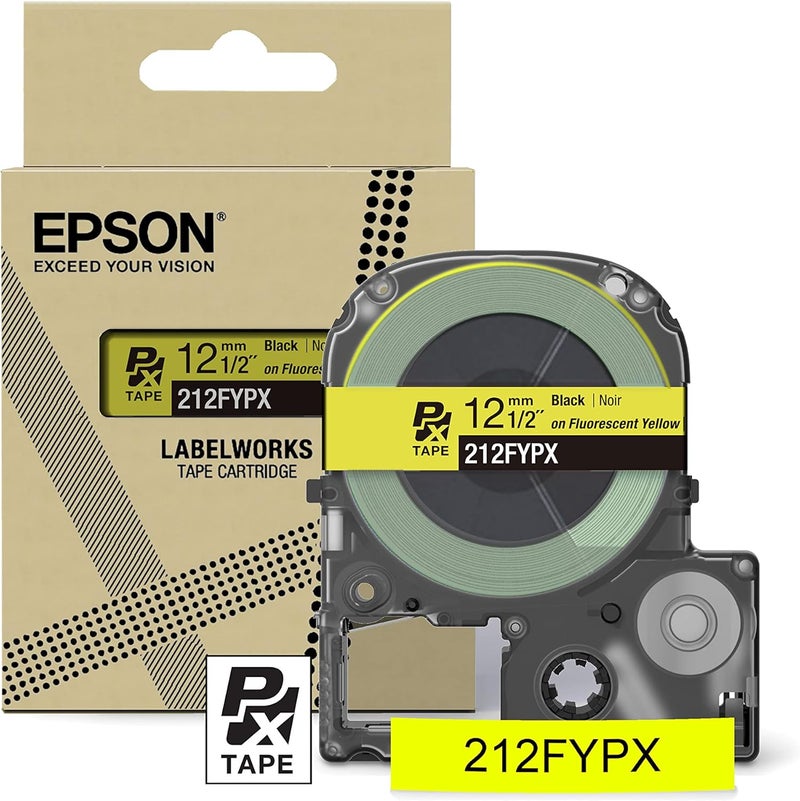 LABELWORKS Epson 212FYPX Genuine PET (Polyester) Tape Cartridge - Black on Fluorescent Yellow Designer Craft Label Maker Tape - 1/2" (12MM) Wide, 16' - Image 1